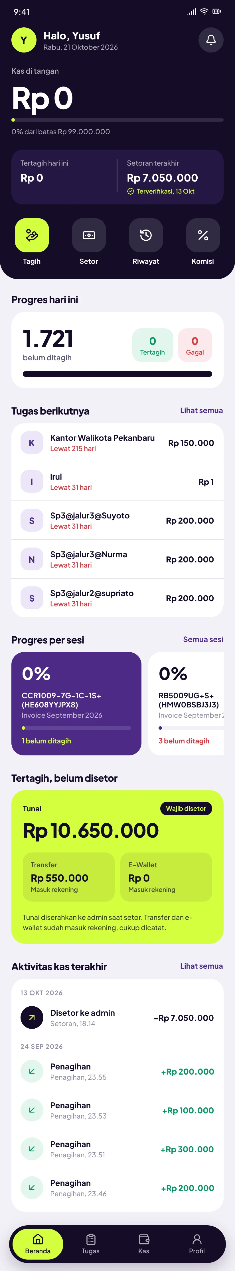 Sinyala Kolektor: Beranda: ringkasan tugas dan kas
