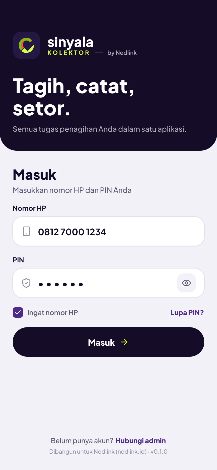 Sinyala Kolektor: Masuk dengan nomor HP dan PIN