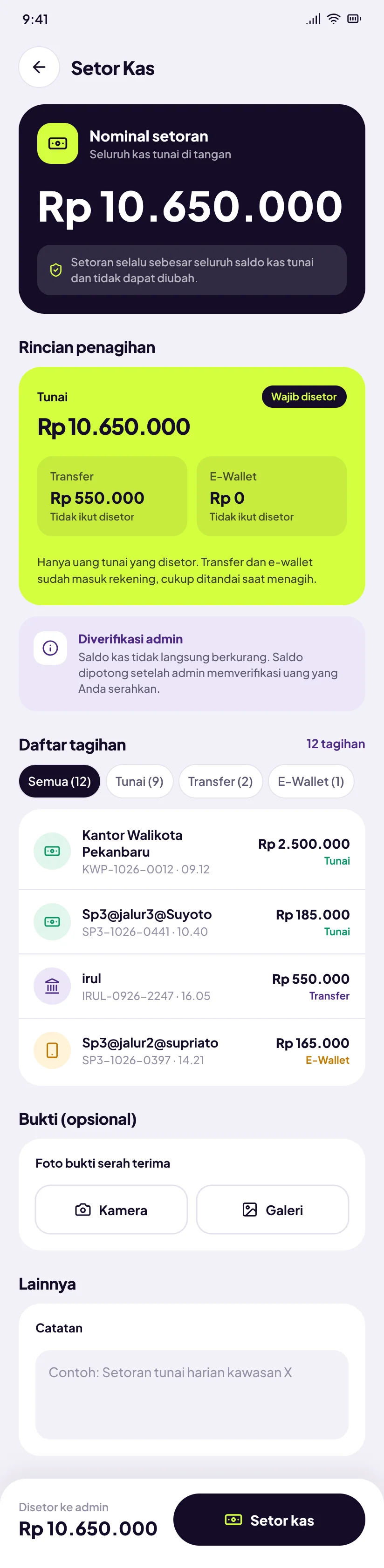 Sinyala Kolektor: Setor kas ke admin